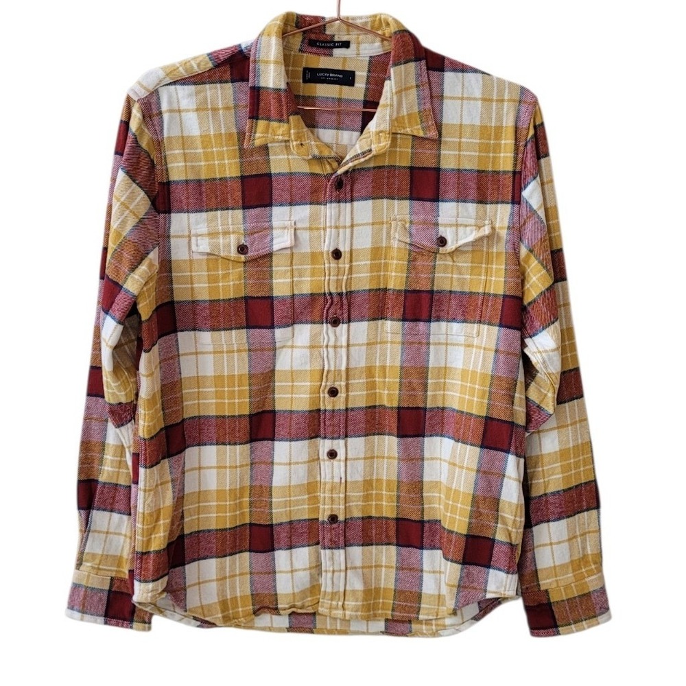 LUCKY BRAND L Yellow Plaid Classic Fit Utility Cloud Soft Long Sleeve Flannel